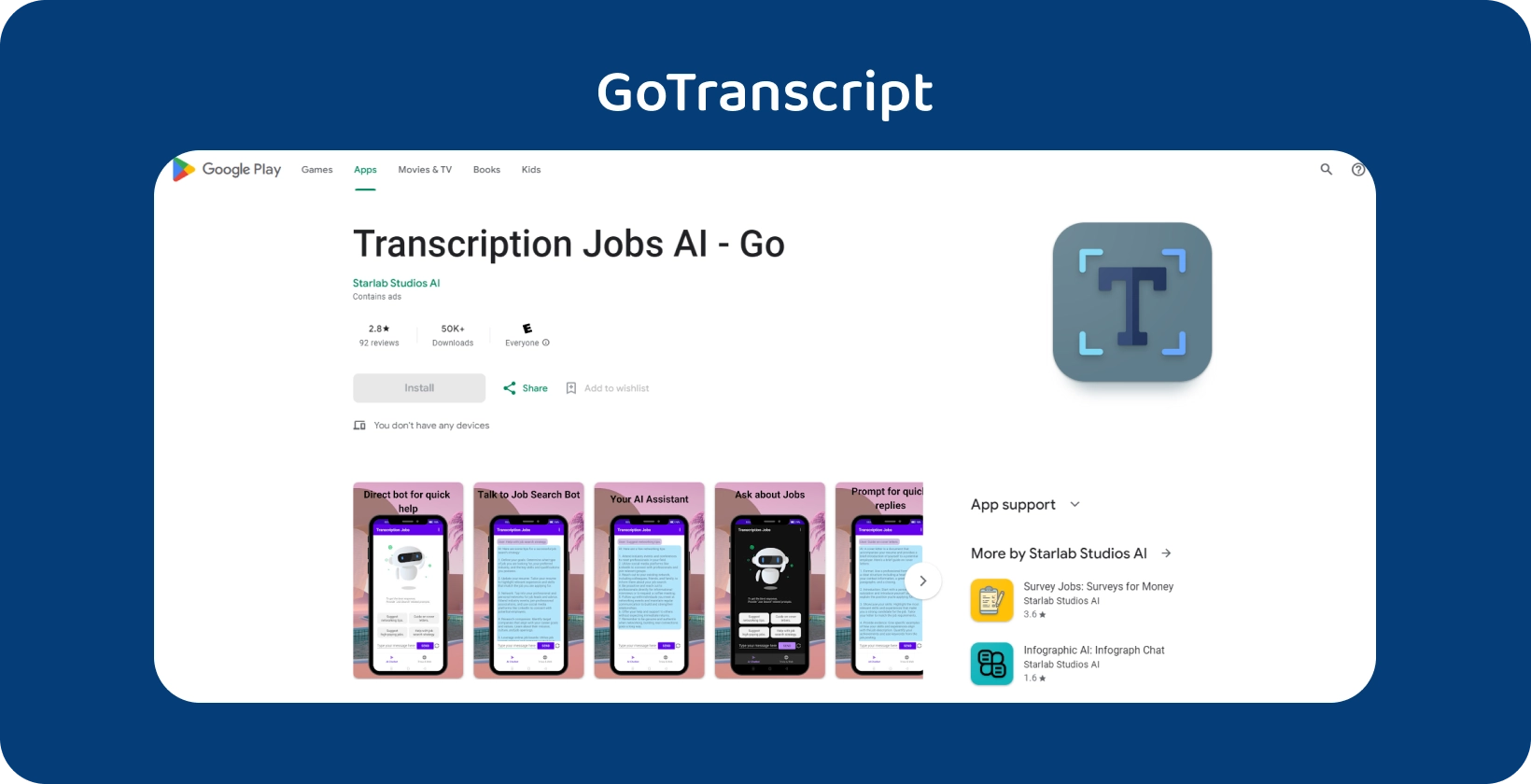 GoTranscript aplicație pe Google Play, concepută pentru gestionarea lucrărilor de transcriere cu o interfață mobilă intuitivă.
