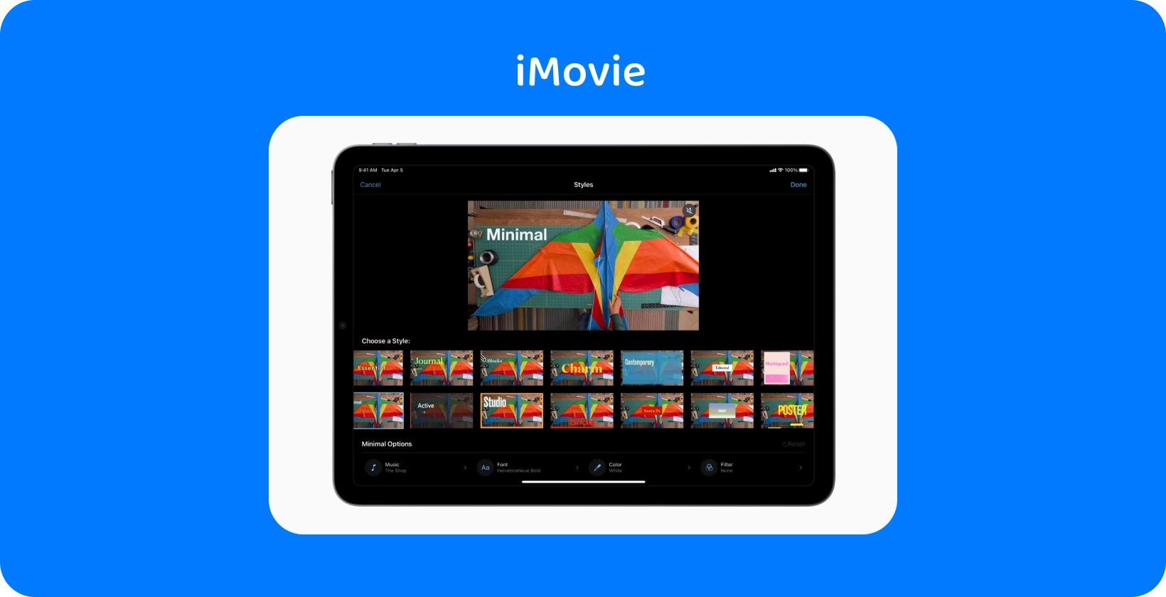 iMovie na tablecie wyświetla różne style edycji wideo, z kolorowym projektem latawca ustawionym na motyw "Minimal".