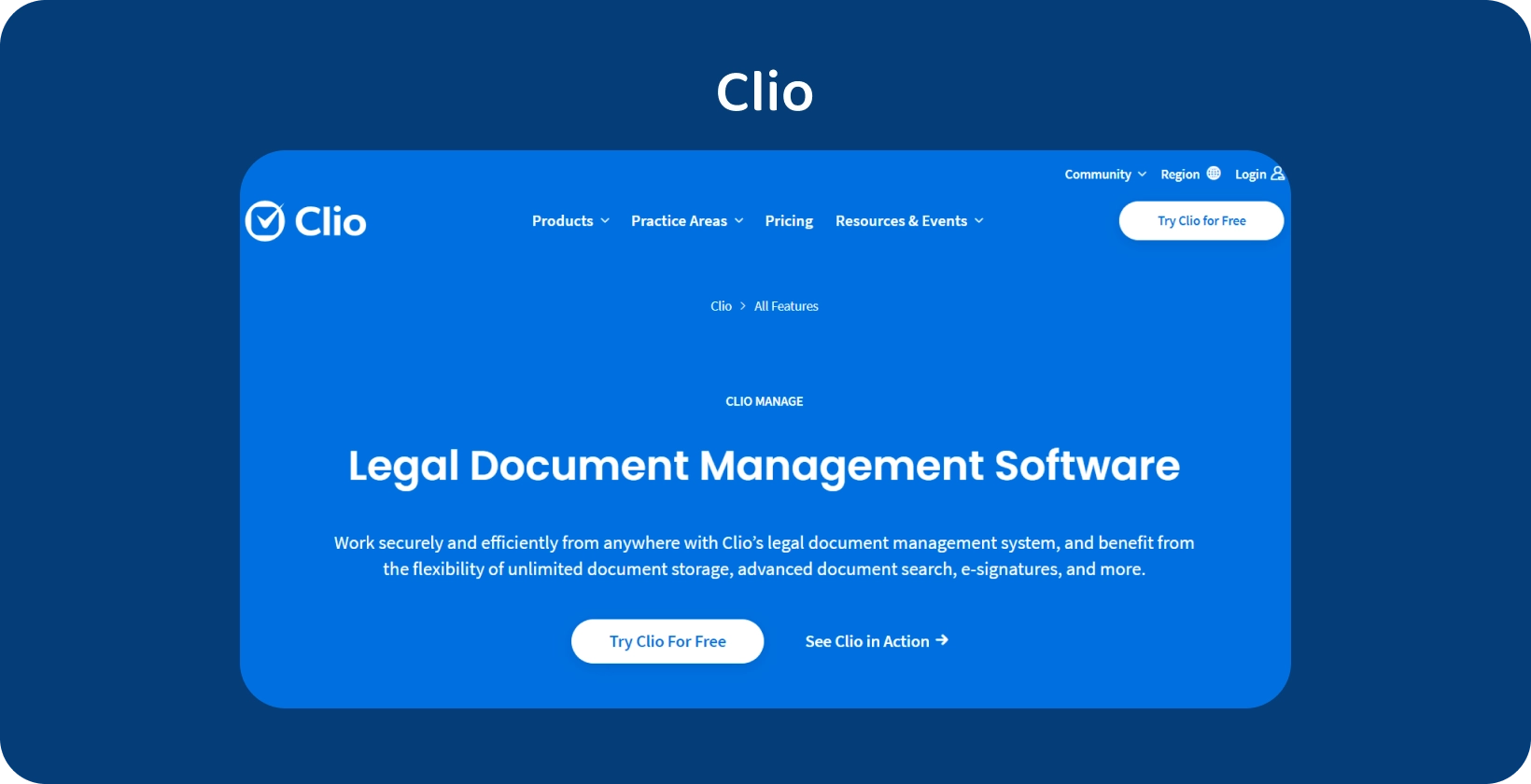 Clio 的用户界面展示了其法律文档管理软件，优化了有组织的记录处理。