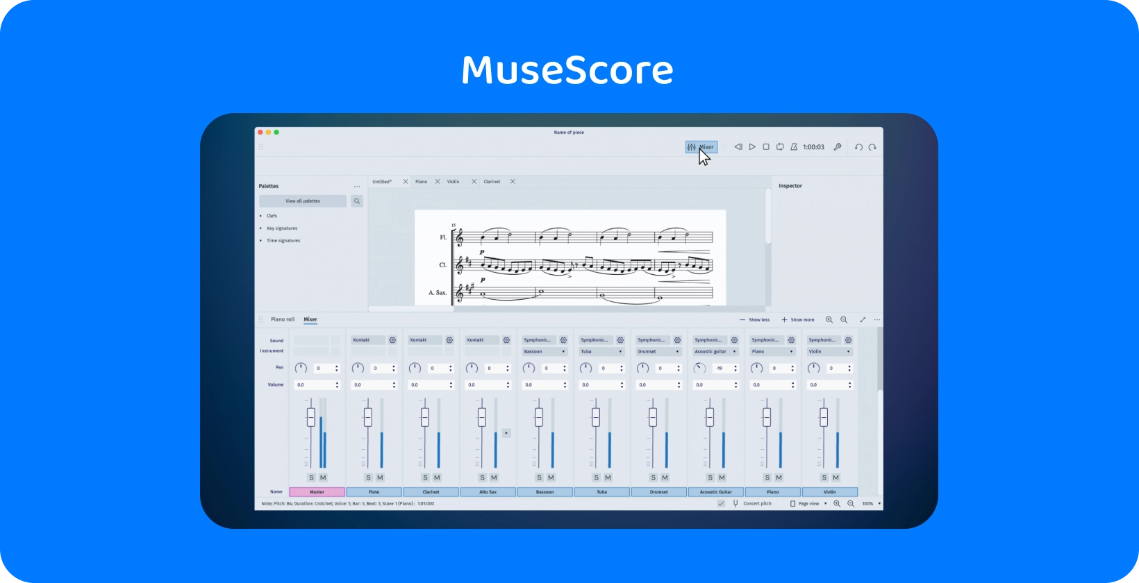 Die Benutzeroberfläche von MuseScore zeigt das Mixer-Tool für die Audiotranskription, das für Musikschaffende unerlässlich ist.