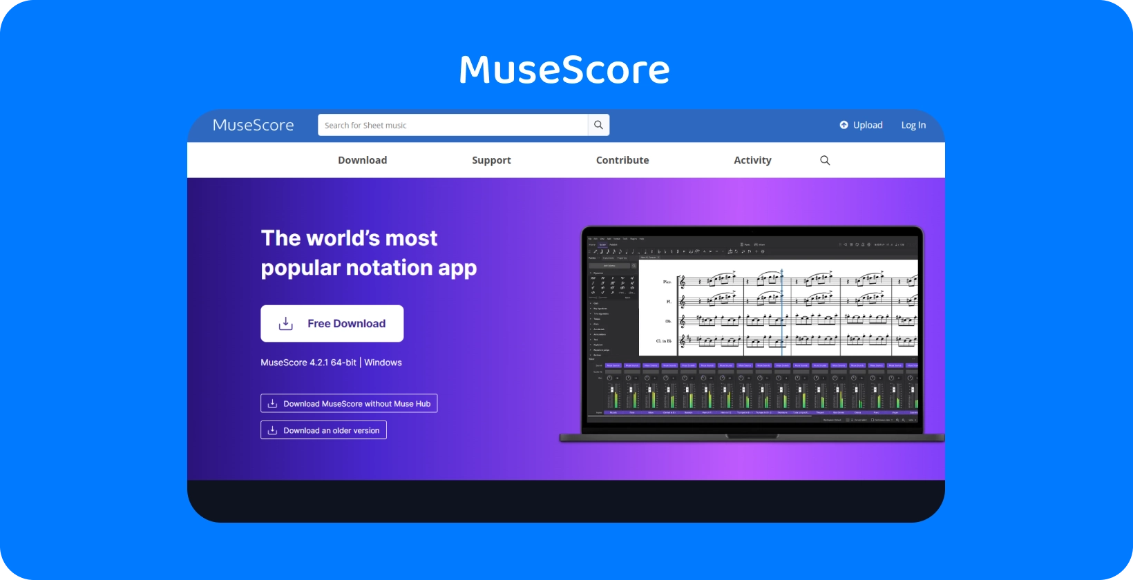 Программное обеспечение для нотации MuseScore, отображаемое на экране ноутбука, иллюстрирующее функции транскрипции звука.