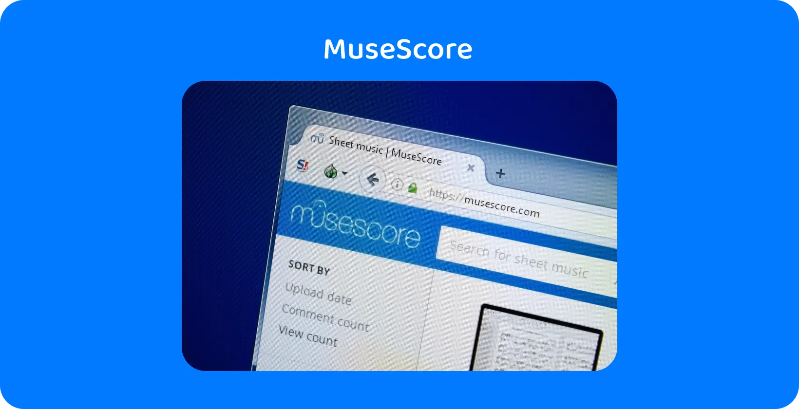 Lähikuva MuseScore verkkosivustosta, jossa korostetaan nuottihakua, joka on keskeinen työkalu äänen transkription ohjaukseen.