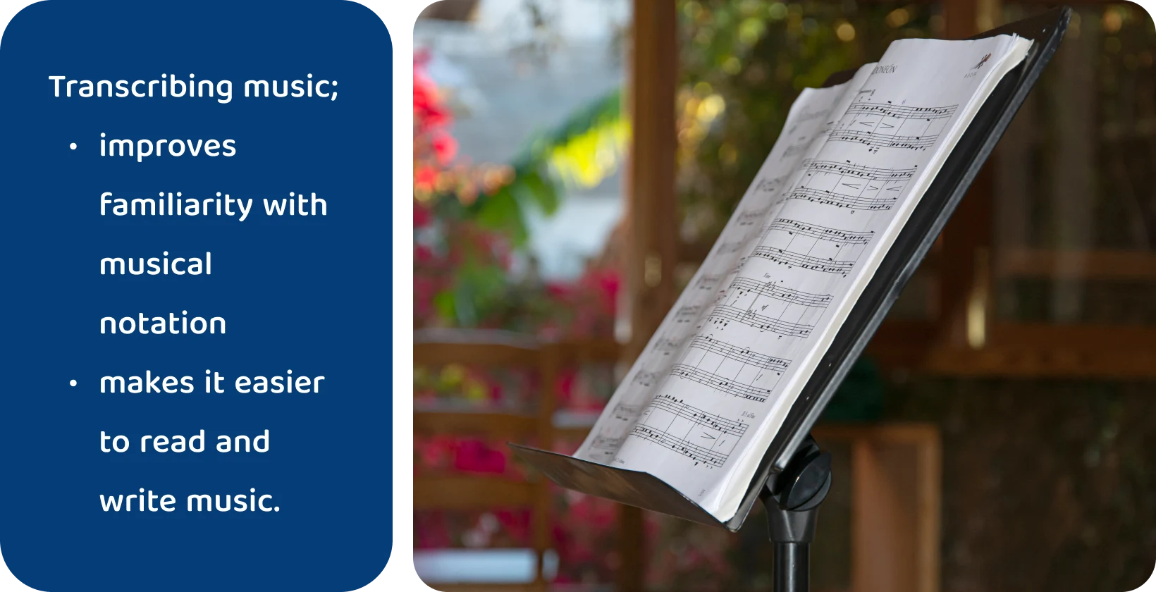 自然背景をぼかしたスタンドの楽譜は、音楽リテラシーのために音楽を書き写すことの利点を強調しています。