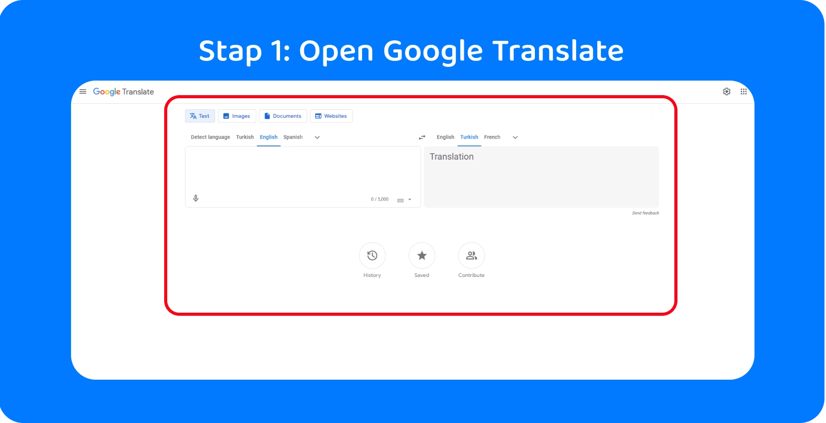 Google Translate-interface klaar om gesproken woorden om te zetten in tekst, ter illustratie van stap 1 in het proces.