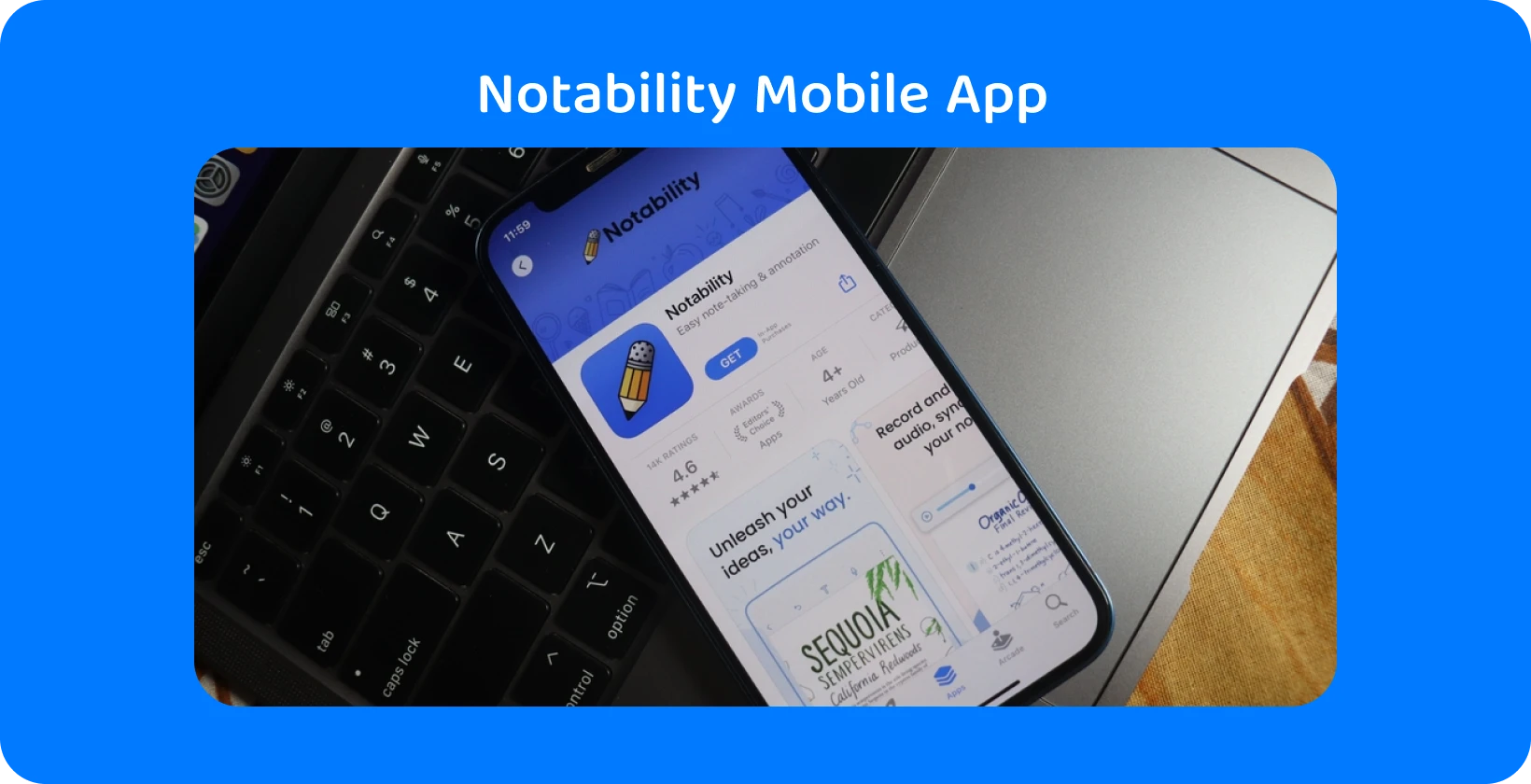 Notability app på smartphone-skærm med transskriptionsfunktion, der viser lyd-til-tekst-funktioner.