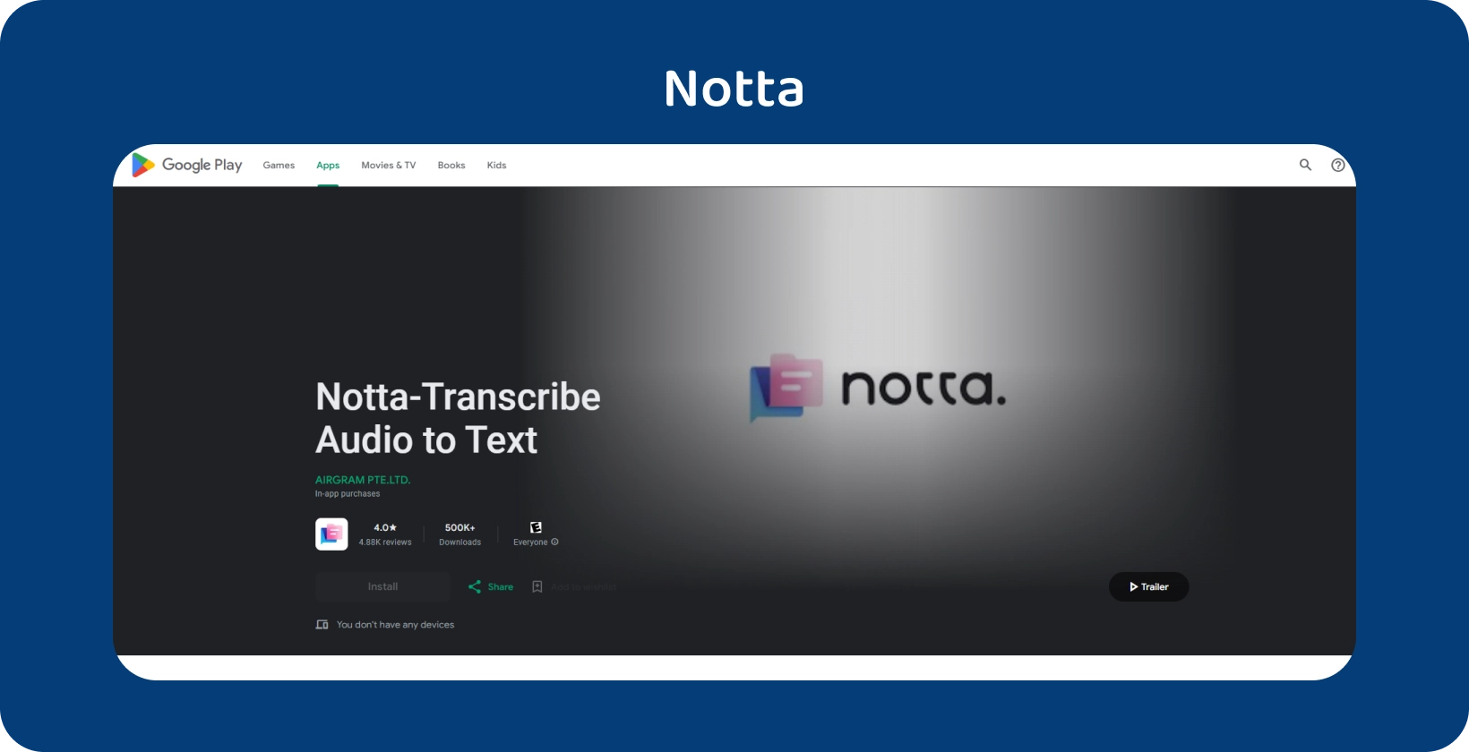 Додаток Notta.ai на Google Play, демонструючи свою здатність точно транскрибувати аудіо в текст на Android.