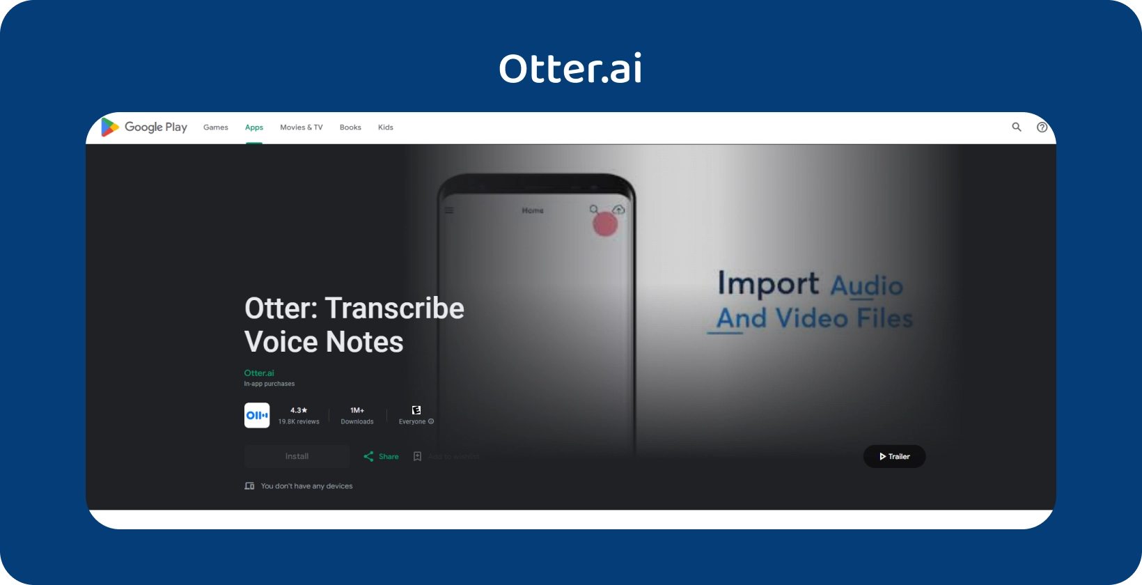 Otter.ai aplikasi di Google Play, menampilkan transkripsi catatan suara dan kemampuan impor file audio / video.