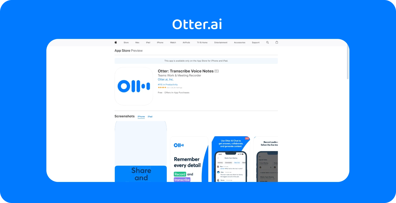 Otter.ai App Store vista previa que muestra las funciones de transcripción y notas de voz de la aplicación en iPhone.