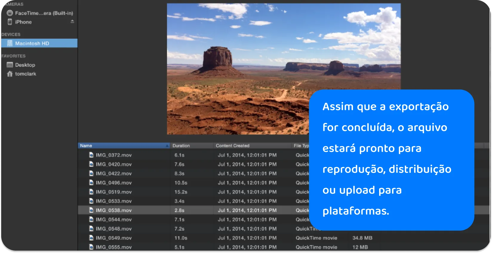 Captura de tela da biblioteca de mídia do iMovie com uma seleção de arquivos .mov, mostrando vários comprimentos de vídeo para edição do projeto.