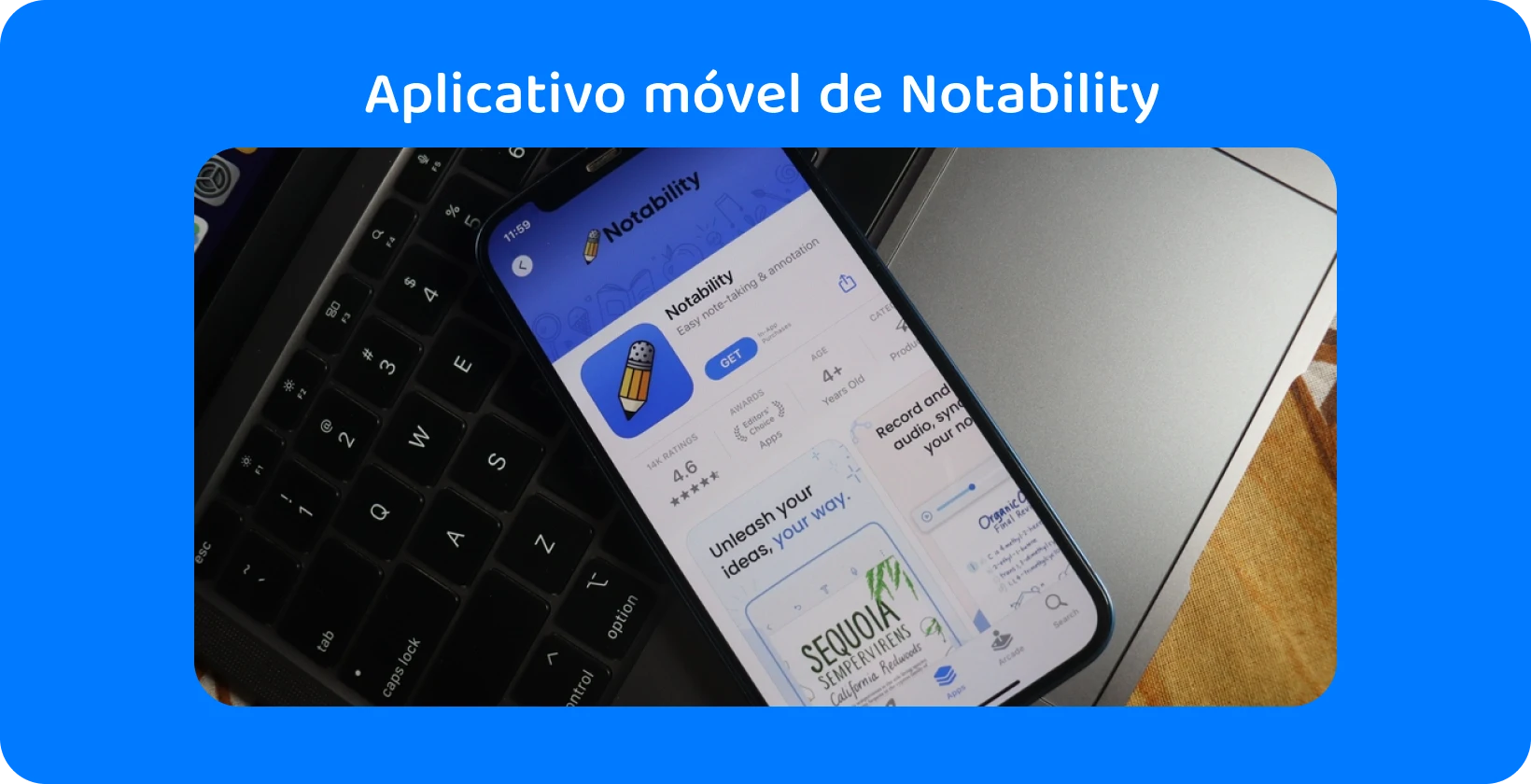 Notability aplicativo na tela do smartphone com recurso de transcrição, apresentando recursos de áudio para texto.