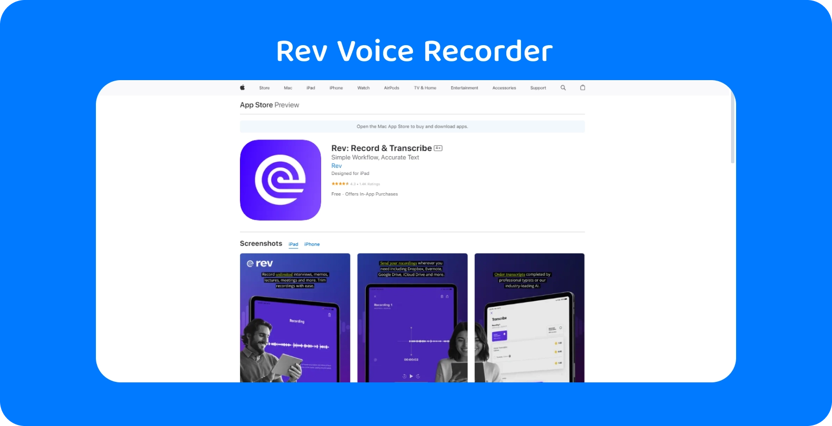 Apple App Store의 Rev Voice Recorder 앱은 세련된 디자인과 전사 기능을 강조합니다.