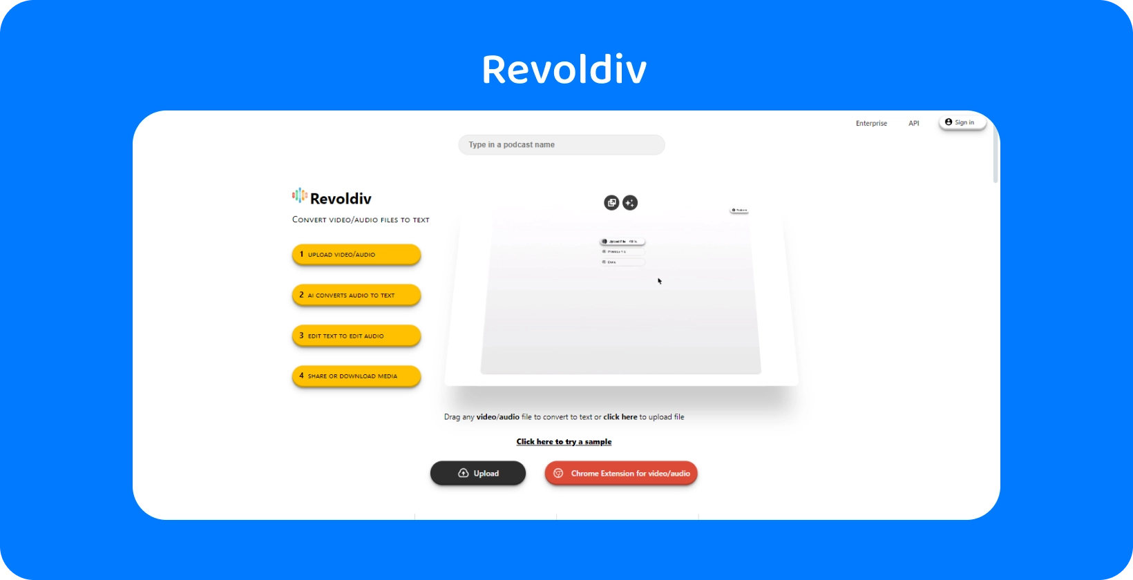 Revoldivs slanke webgrænseflade klar til lyduploads og konvertering til tekst, der viser enkelhed og effektivitet.