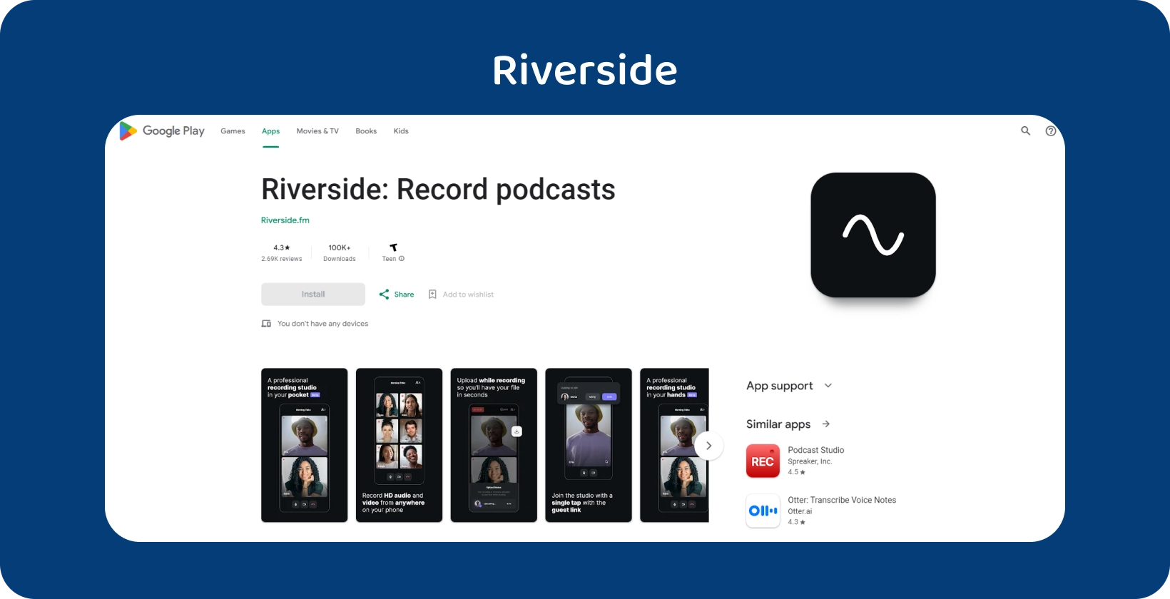 Aplicativo de gravação Riverside em Google Play com interface amigável para sessões de áudio de alta qualidade.