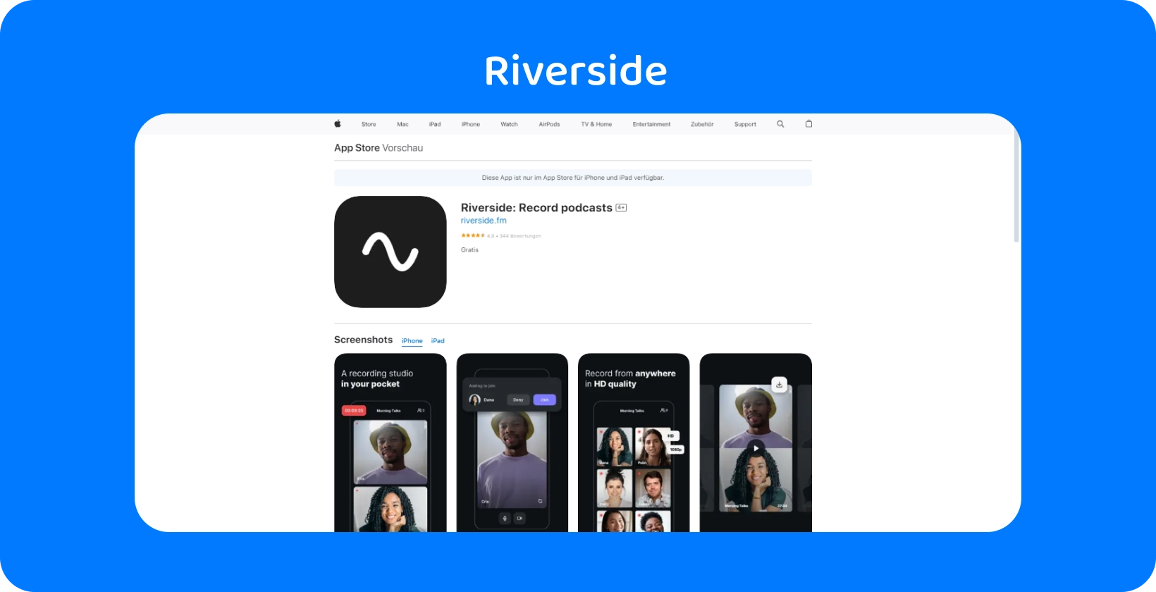 App Riverside sull'App Store che mostra strumenti per la registrazione di podcast di alta qualità e interviste remote.