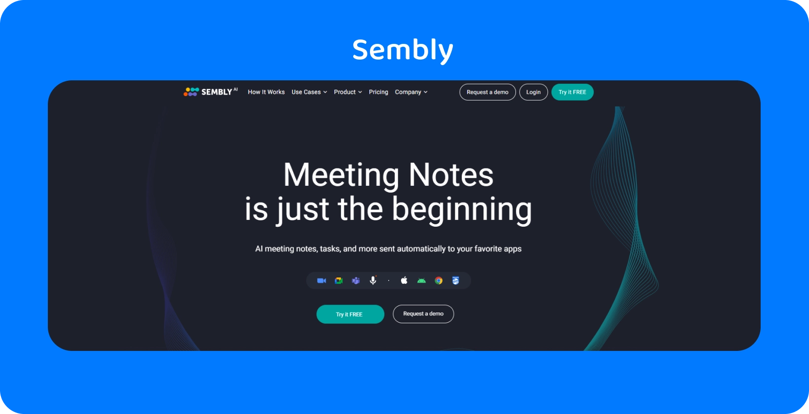 A página inicial de Semby promove o assistente de equipe de AI mais inteligente para transcrição de reuniões, semelhante a Word ditado.
