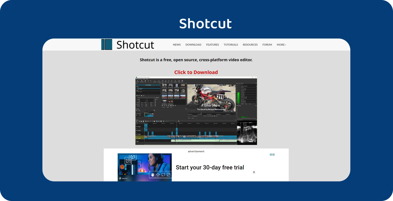Shotcut szerkesztői felület: Részletes motorkerékpáros videó idővonal robusztus szerkesztőeszközökkel.