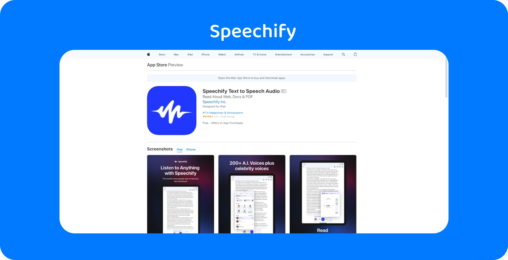 App Store Speechify-sovellus, joka näyttää ominaisuuksia tekstin muuntamiseksi puheeksi erilaisilla äänivaihtoehdoilla.
