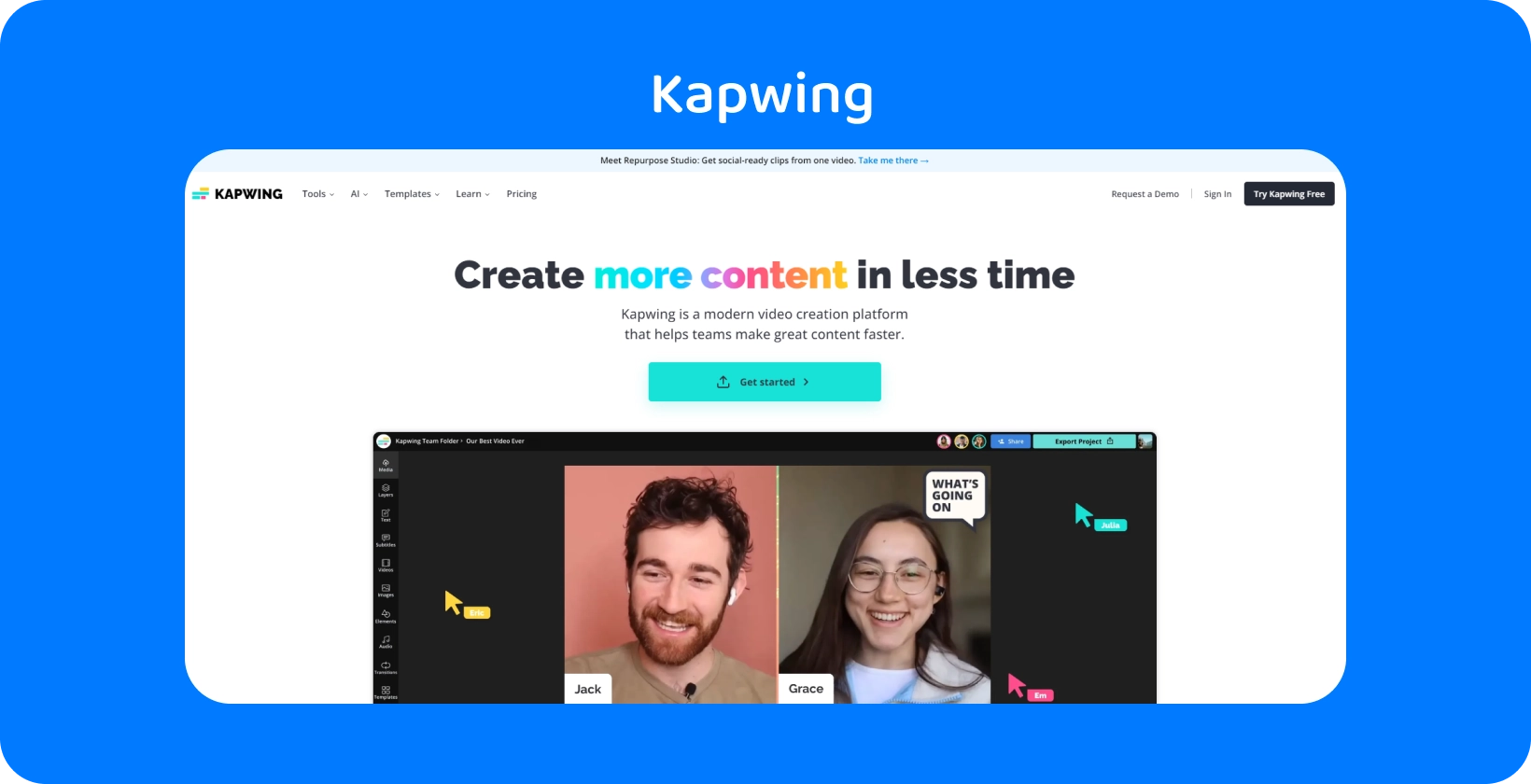 Kapwing undertextredigerare med ett användarvänligt gränssnitt som hjälper team att skapa effektivt innehåll.