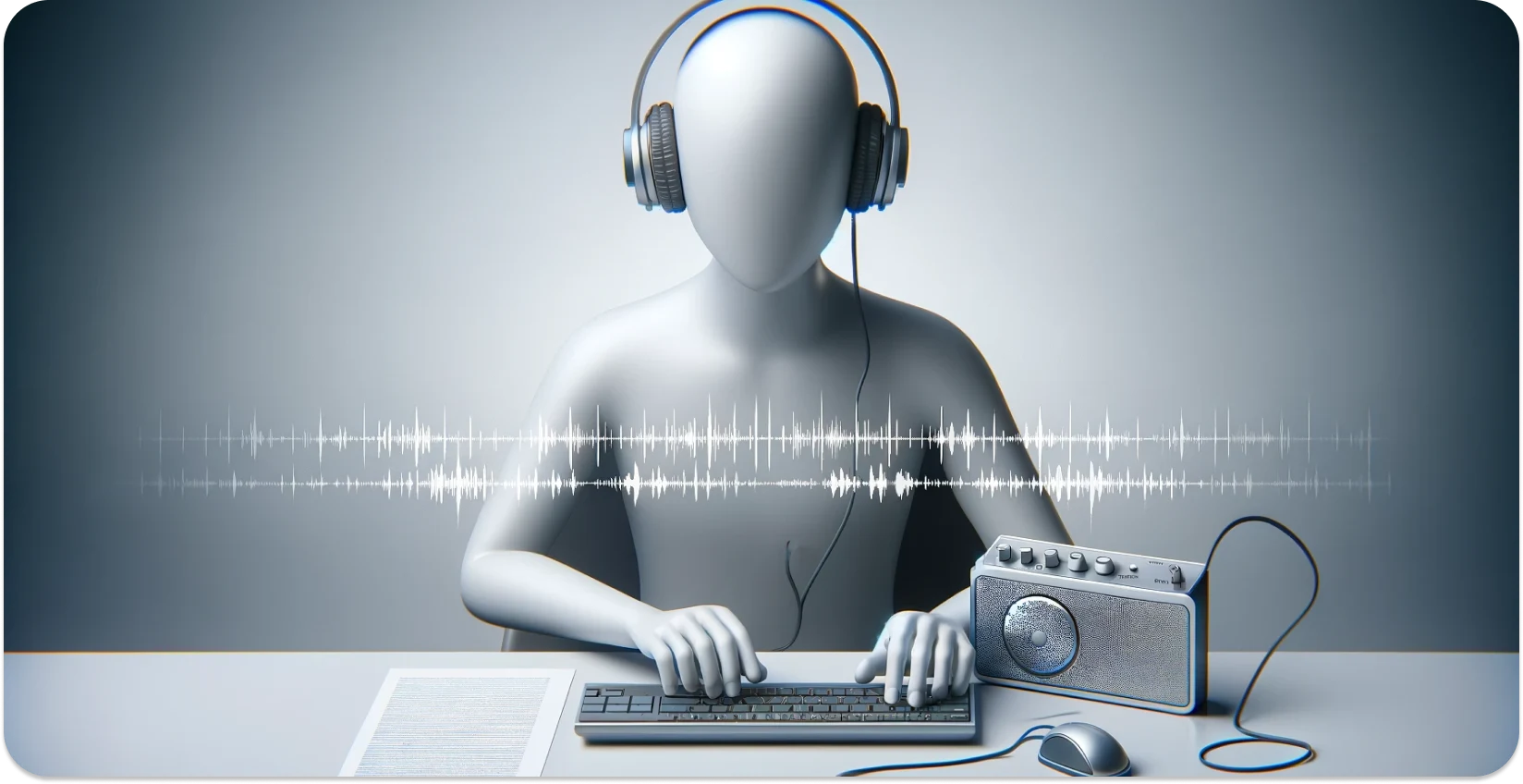 Representação abstrata de uma pessoa transcrevendo áudio para texto, com forma de onda, teclado e rádio.
