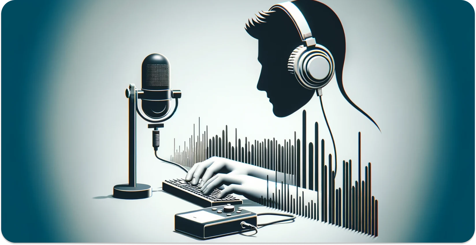 Graphic of a person with headphones typing a transcription from an audio recording.