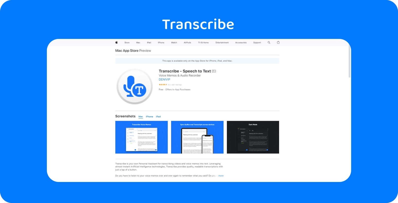 Captura de pantalla de la aplicación Transcribe en el Mac App Store, destacando sus capacidades de voz a texto.