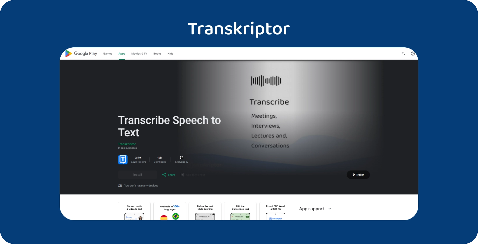Transkriptor sur Google Play, une application de transcription de la parole en texte, idéale pour les réunions et les conférences.