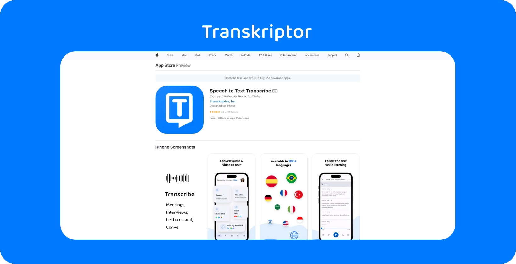 Aplikasi Transkriptor dipamerkan di iPhone, menyoroti kemampuan transkripsi ucapan-ke-teksnya.