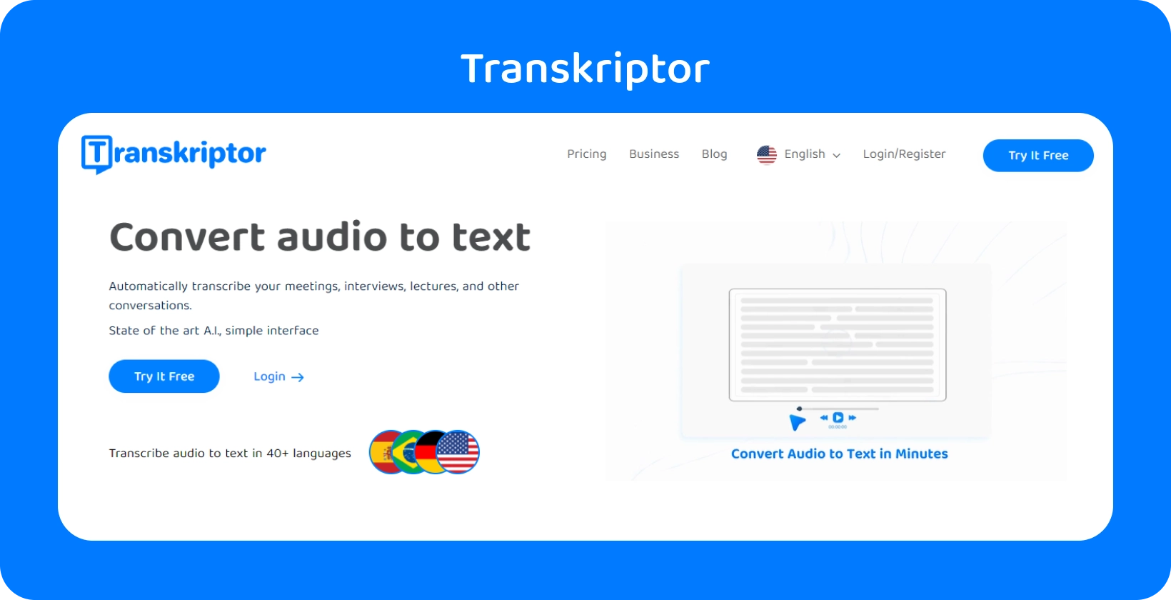 Transkriptor käyttöliittymä esittelee äänen muuntamisen tekstiksi ja tukee yli 40 kieltä erilaisissa tiedostomuodoissa.

