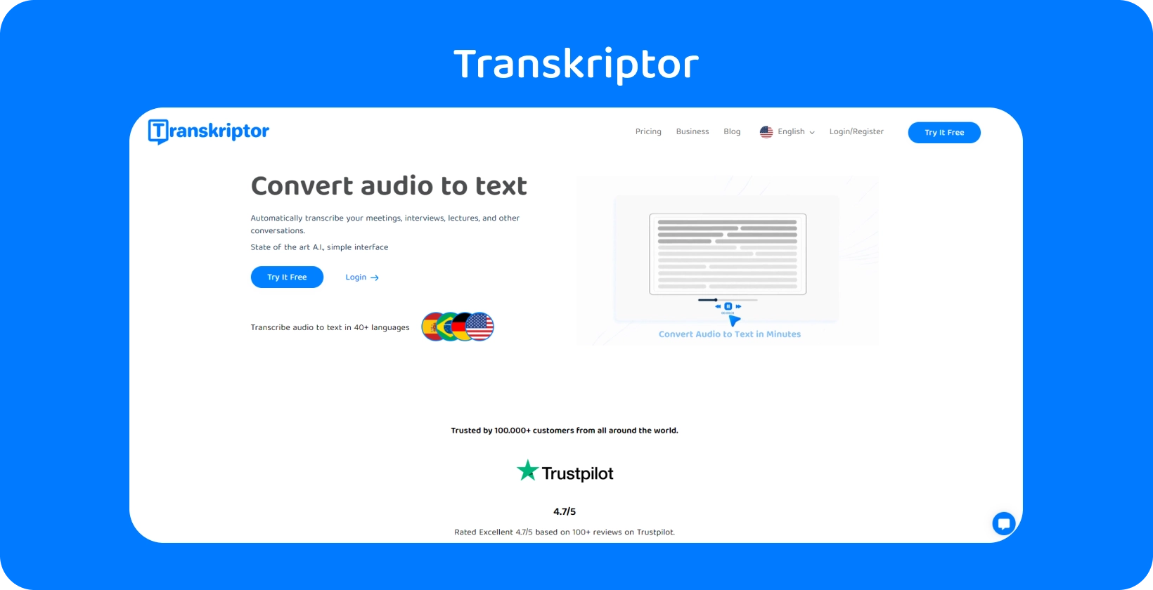 Transkriptor的界面展示了会议助手功能，简化了定性研究转录。