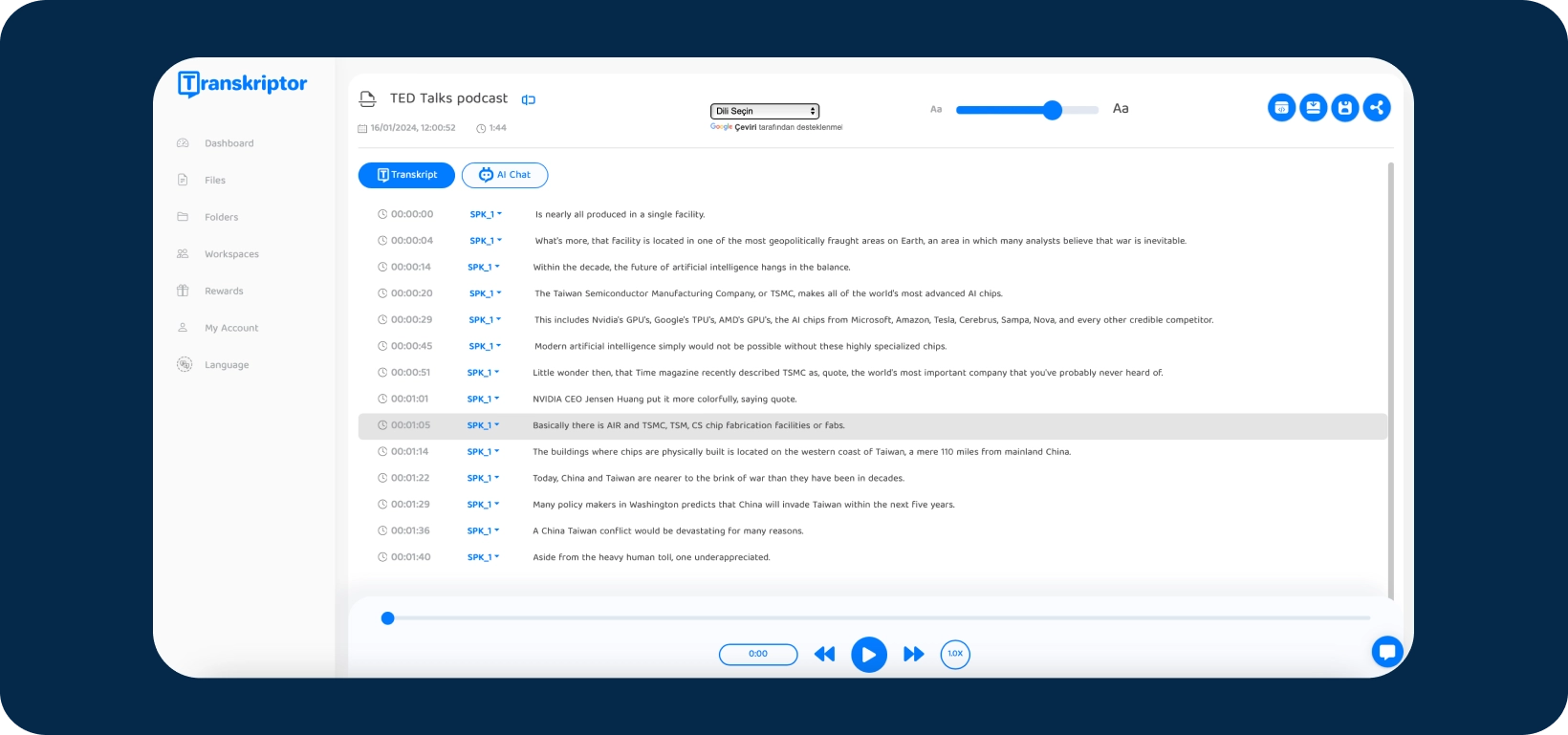 Screenshot of Transkriptor app interface showing a TED Talks podcast being transcribed.