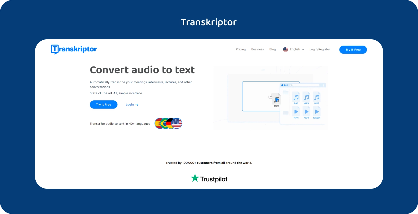 Компјутерски екран со Transkriptor интерфејс, подготвен за транскрипција на предавање видео.