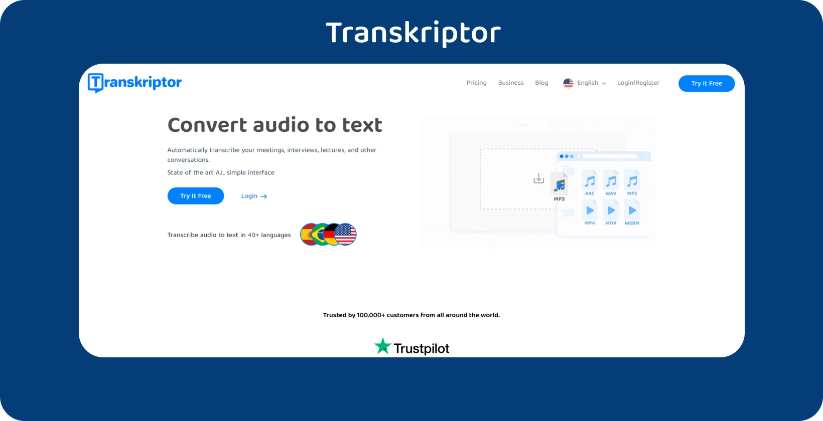 Transkriptor homepage with a clear call to action, offering audio to text transcription services.