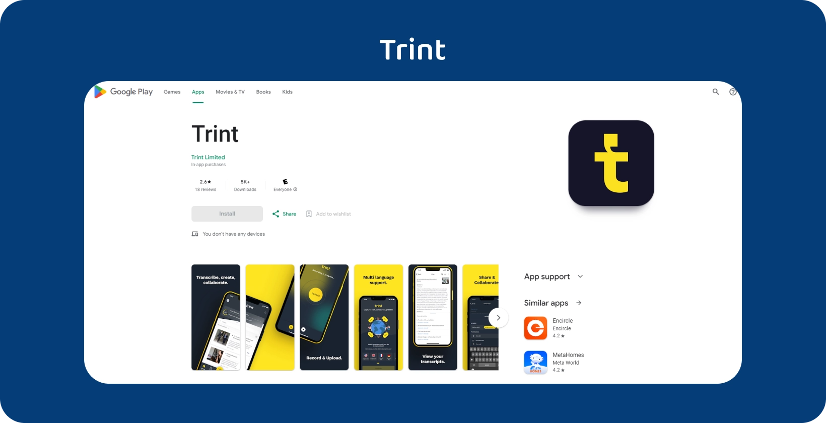 La aplicación Trint se muestra en Google Play, destacando sus servicios de transcripción con una interfaz móvil intuitiva.