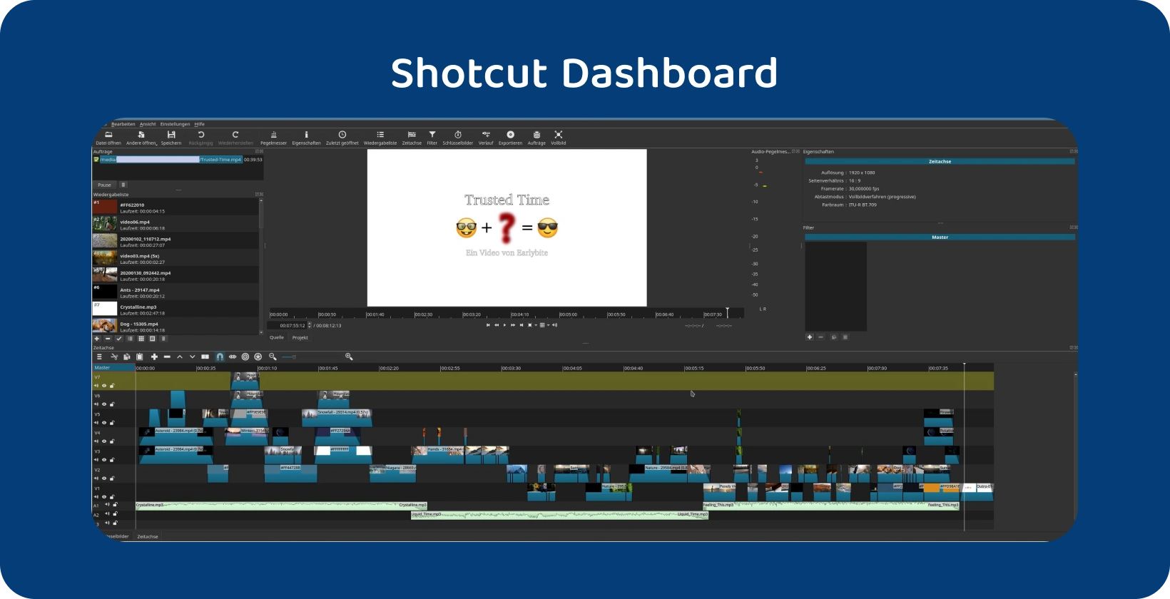 Софтуерът за редактиране на видео Shotcut показва сложна времева линия с множество песни, което показва напреднал проект.