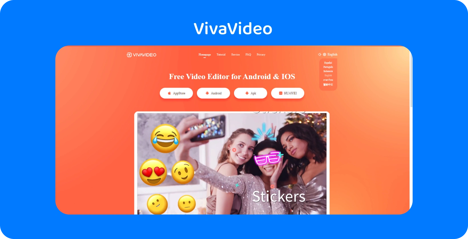 VivaVideo app-pagina met een levendige oranje achtergrond, met stickerfuncties voor het verbeteren van video's op Android en iOS.
