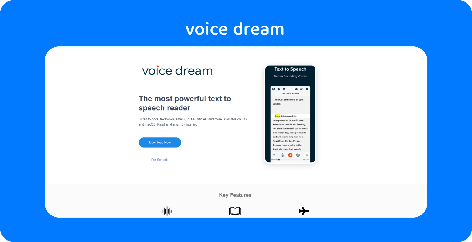 Voice Dream app interface showcasing a powerful text-to-speech reader for various documents on mobile devices.