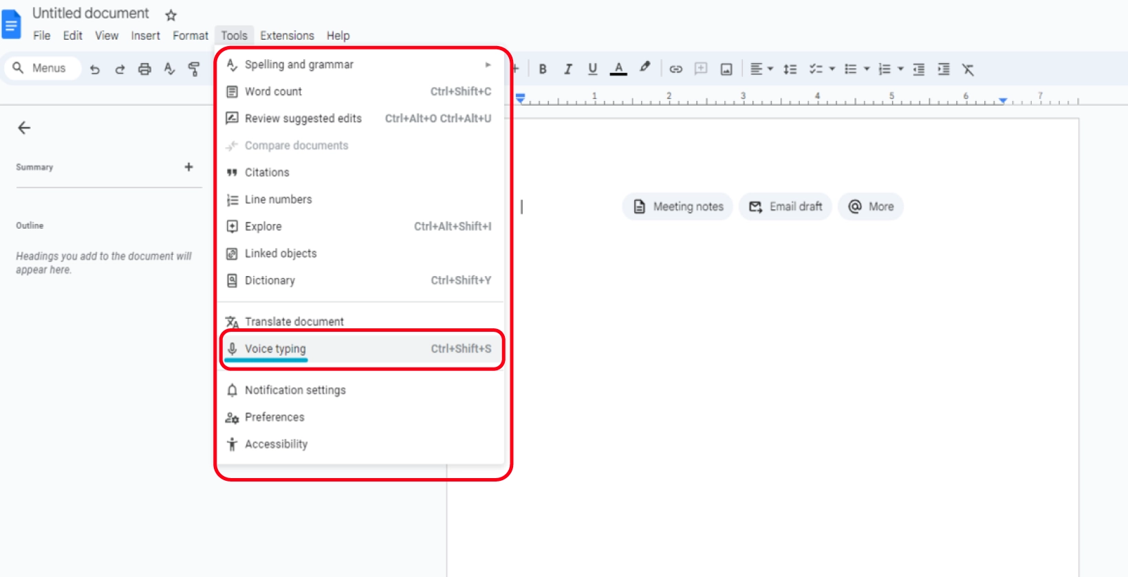 Screenshot showing the voice typing option under the 'Tools' menu on Google Docs.