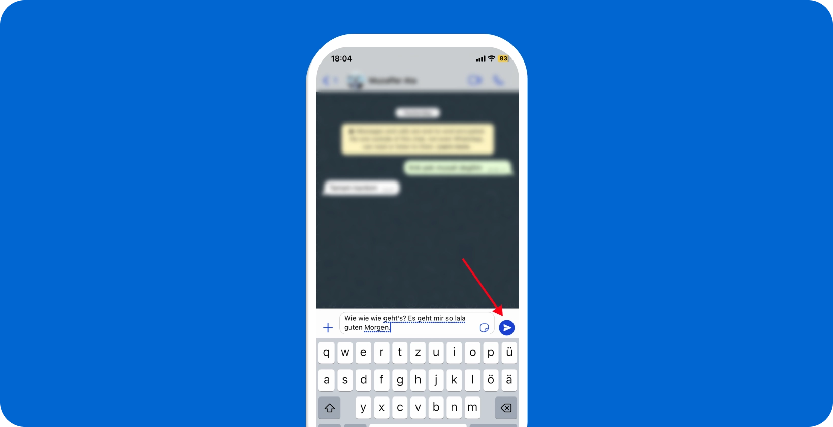 Skrin telefon pintar menunjukkan ciri imlak suara WhatsApp digunakan, dengan ikon mikrofon diserlahkan.