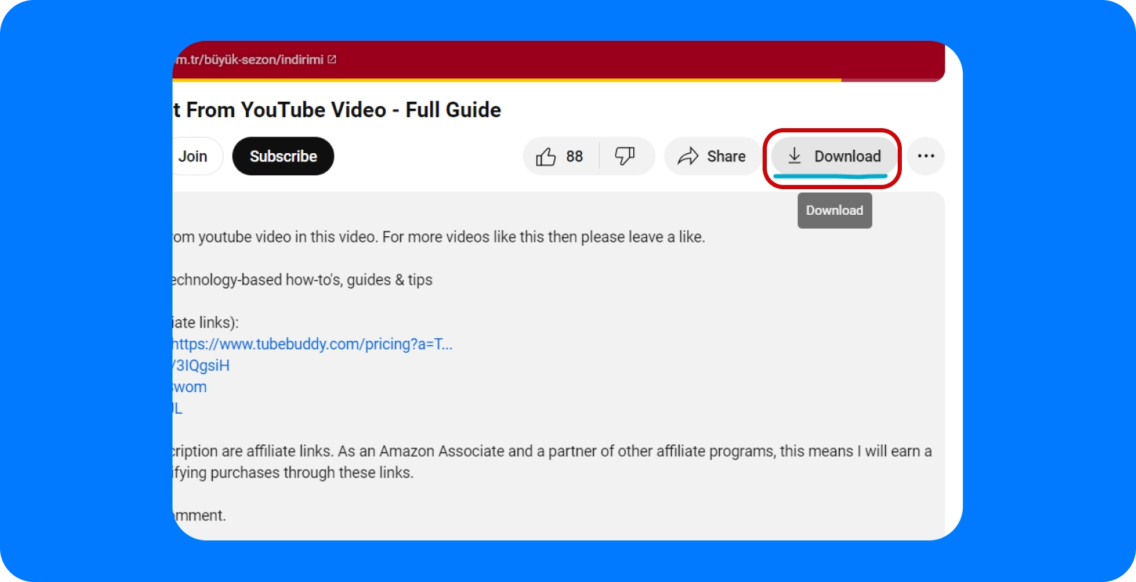 YouTube descrição do vídeo detalhando um guia completo sobre como extrair vídeo, com o botão de download.