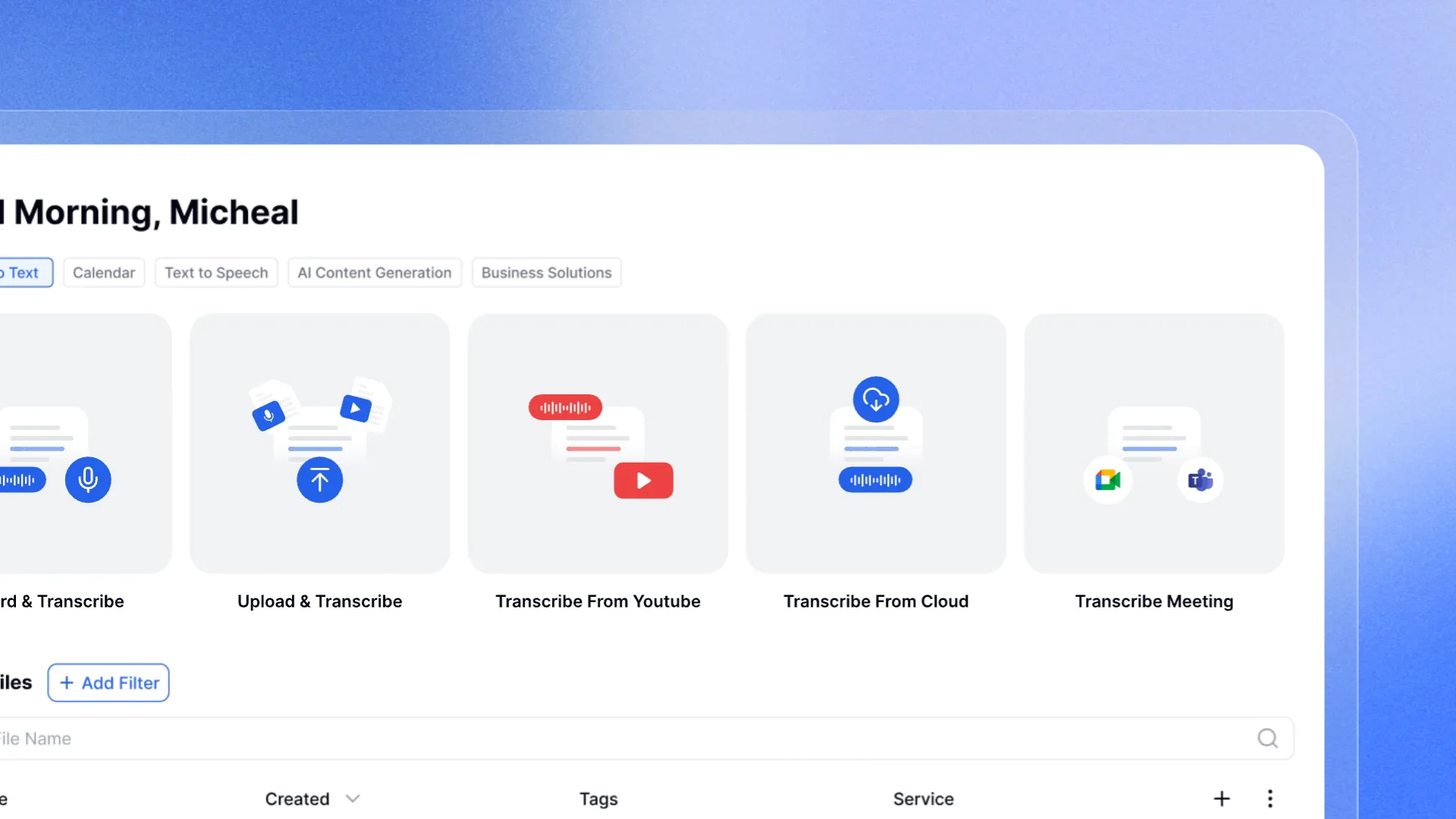 Transkriptor interface supporting all audio and video formats, allowing users to upload and transcribe files instantly from any source.