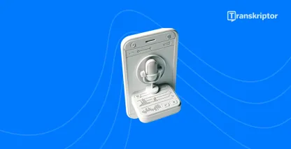 오디오 트랜스크립션 서비스를 상징하는 마이크가 있는 디지털 레코더.