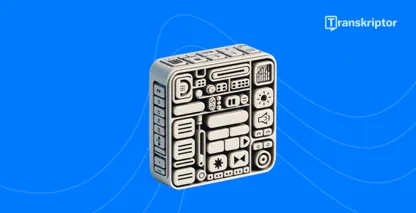 Обадете се на софтуерни икони за транскрипция на куб, илюстриращи ефективните функции на Transkriptor.