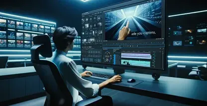 Subtitles-in-iMovie fremvist af en redaktør, der arbejder på en stor skærm i et højteknologisk studie med videominiaturebilleder.