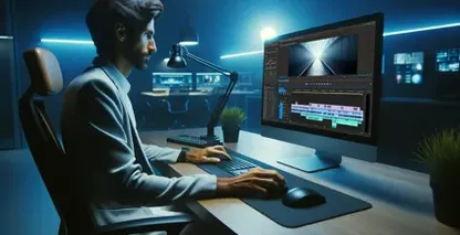 In a dimly lit room illuminated by blue ambient lighting, a focused professional sits at a modern workstation