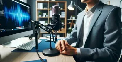 Áudio para texto com-Yandex representado por uma pessoa, posicionada em um espaço de gravação em frente a um microfone de mesa de alta qualidade.