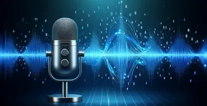 Microphone on blue background with sound waves, enabling voice-to-text on Outlook