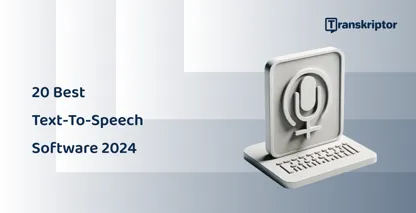 20 top text-to-speech applications in 2024, depicted with a microphone and keyboard graphic.
