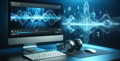 Software avançado de transcrição de áudio representado por um monitor com formas de onda de áudio e auscultadores