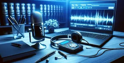 Mikrofon, kõrvaklapid ja sülearvuti, mis kuvab heli lainekuju, rõhutades transkriptsiooniprotsessi.