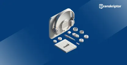 3D-kõrvaklapid ja mikrofoni seadistamine koos märkmetega, mis näitavad verbatim transkriptsiooni protsessi ja rakendamist.